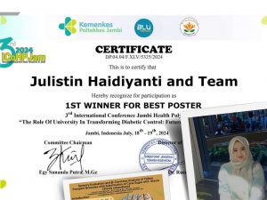 1 st Winner for Best Poster at International Conference Jambi Health Polytechnic