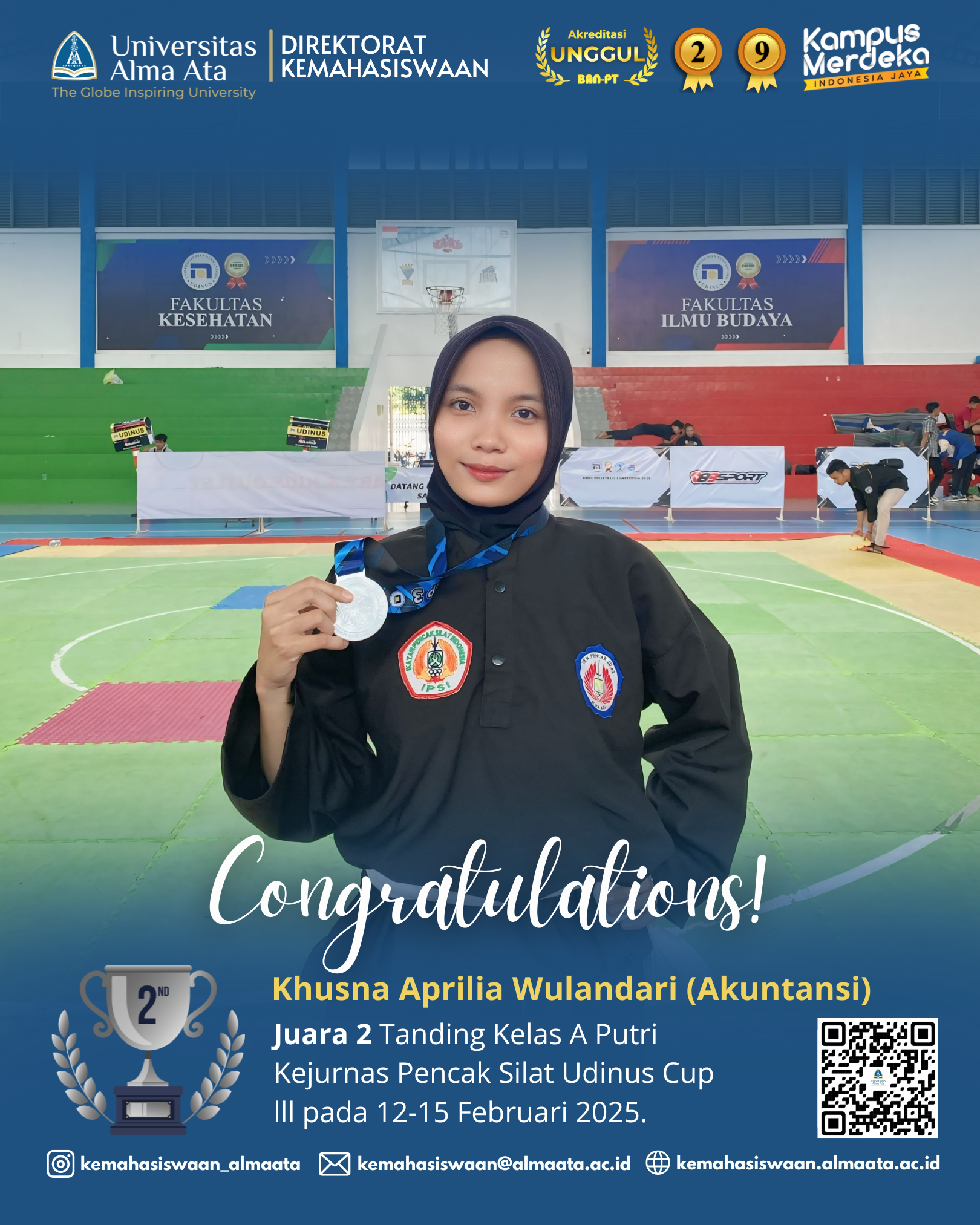 Khusna Aprilia Wulandari raih Juara 2 Tanding Kelas A Putri Kejuaraan Nasional UDINUS CUP lll