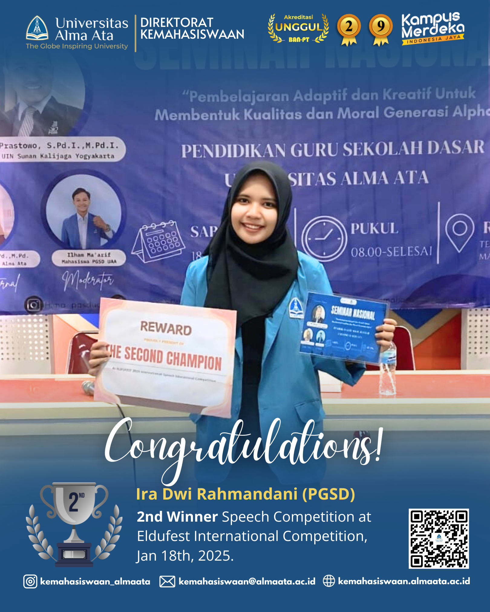 Ira Dwi Rahmandani atas diraihnya 2nd Winner Speech Competition